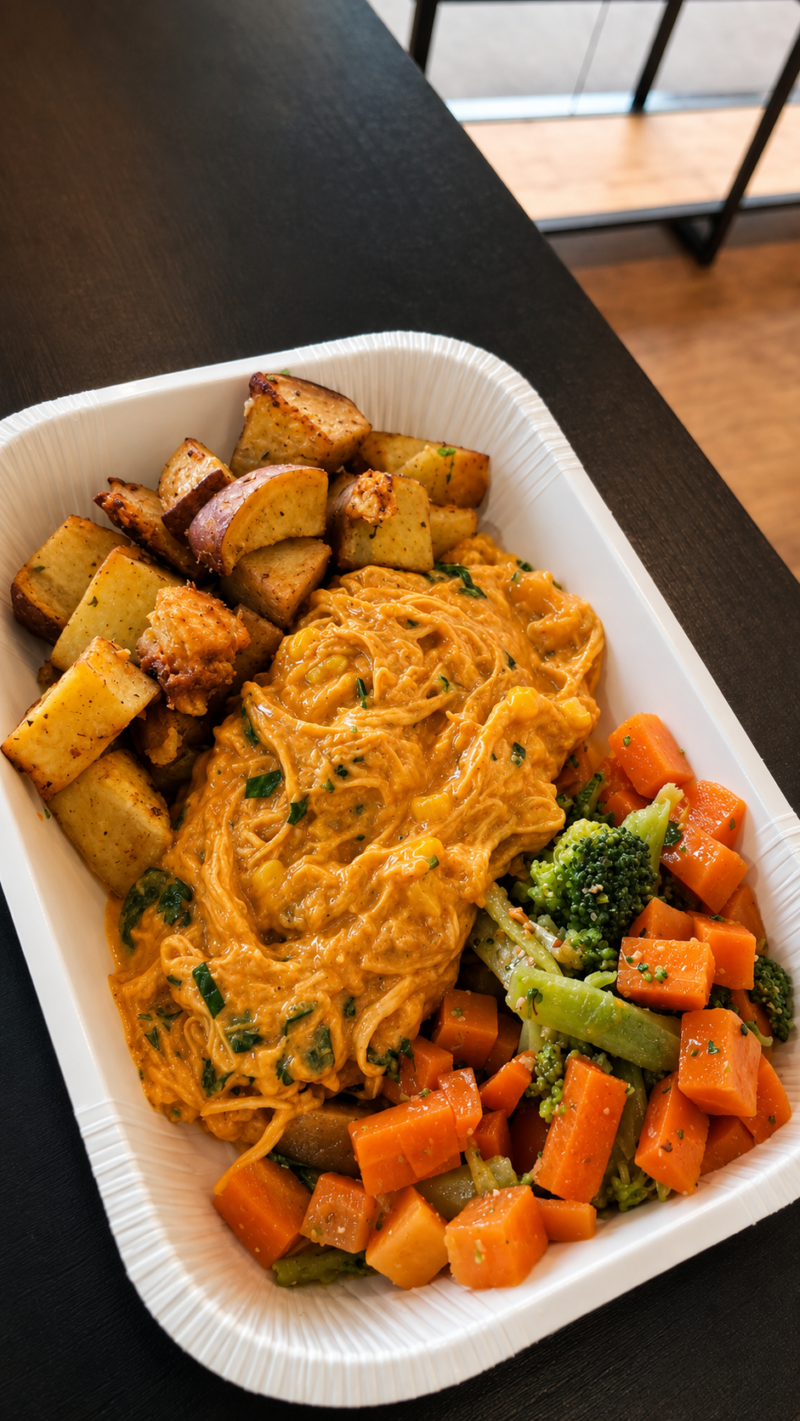 FIT de Fricassê de Frango, Batata Doce e e Cenoura c/ Brócolis