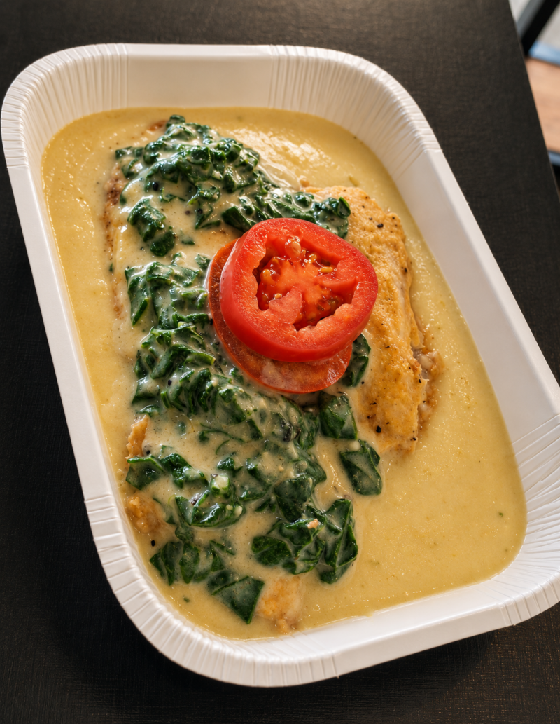 FIT de Tilapia Assada c/ Espinafre e Purê de Batata Cremoso (300g)
