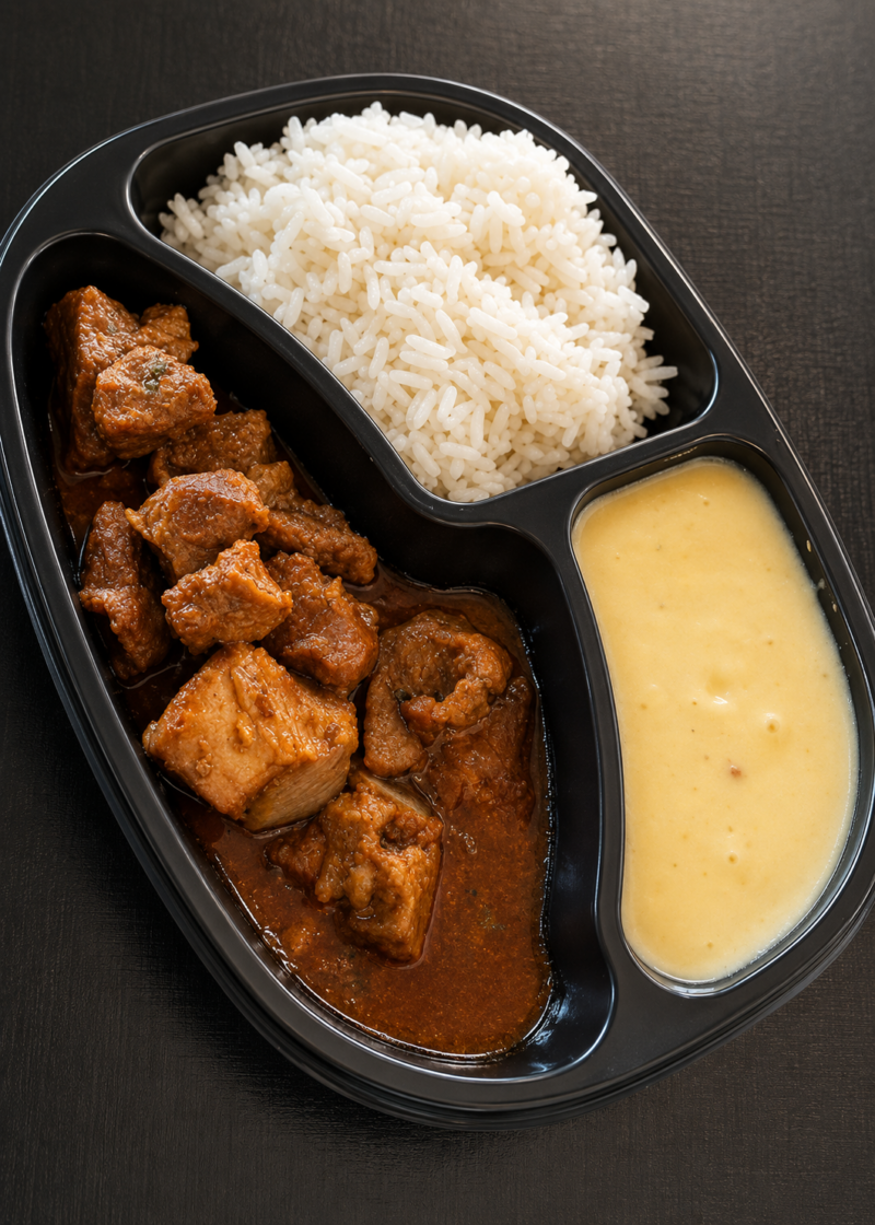JANTINHA de Cubos de Pernil ao Molho Barbecue, Arroz Branco e Purê de Mandioca (400g)