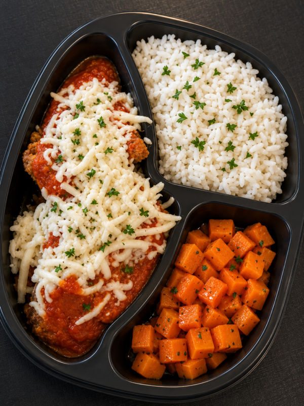 JANTINHA de Parmegiana de Carne, Arroz Branco e Cenoura c/ Ervilha (400g)