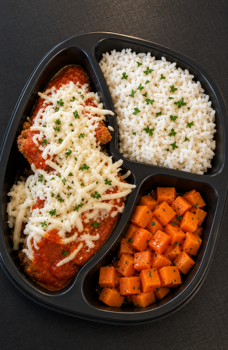 JANTINHA de Parmegiana de Carne, Arroz Branco e Cenoura c/ Ervilha (400g)