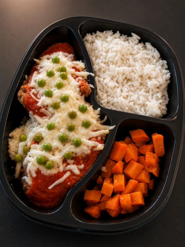 JANTINHA de Parmegiana de Frango, Arroz Branco e Cenoura c/ Ervilha (400g)